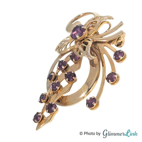 Vintage 1950s Purple Rhinestone Floral Spray Gold Tone Brooch Pendant - Picture 3 of 8